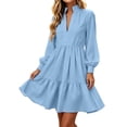 thumbnail image 2 of ClodeEU Women's V Neck Lantern Long Sleeve High Waist Ruffle Mini Shirt Dress,Casual Daily Swing Dress Blue,Women's Plus L, 2 of 7
