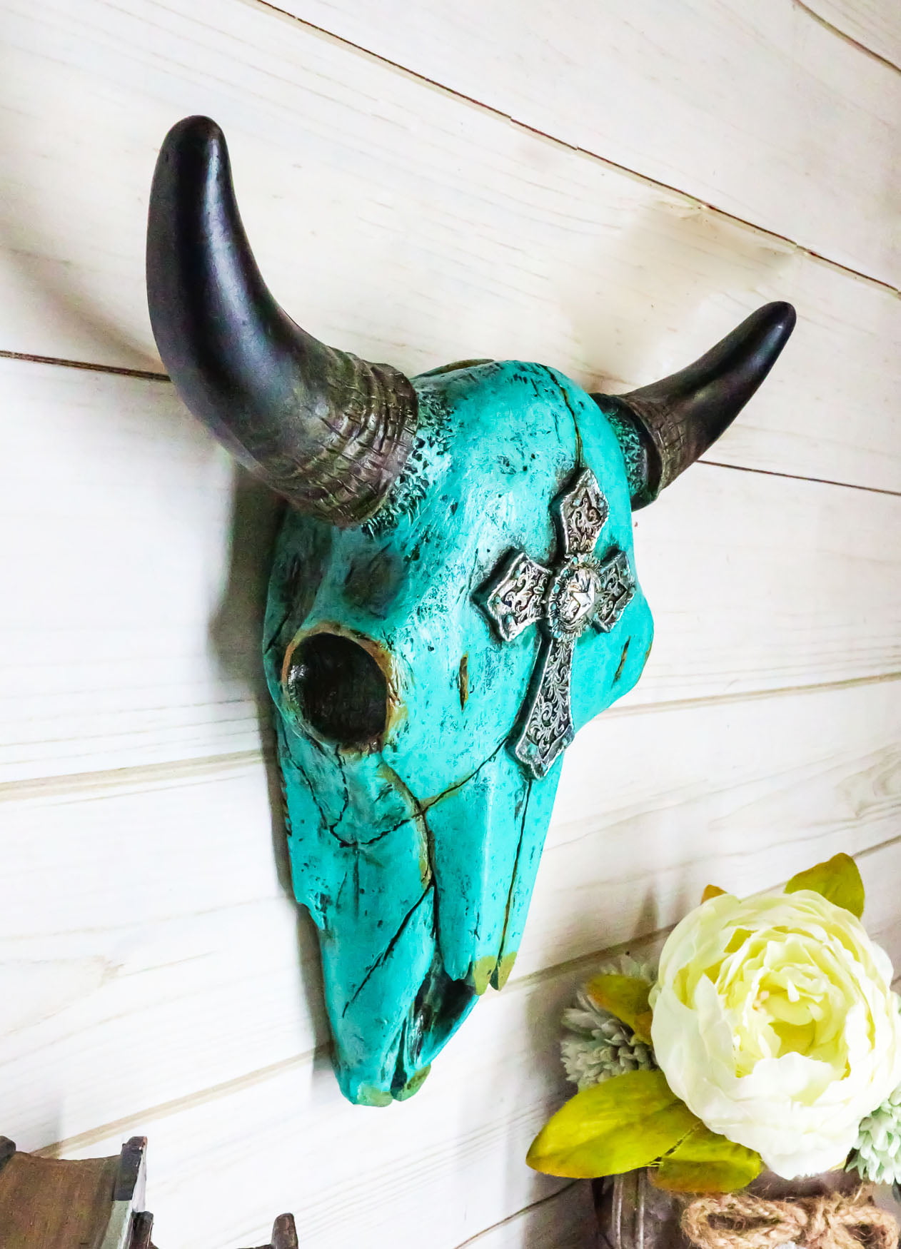 Southwest Bull Skull with Turquoise Cross Vase