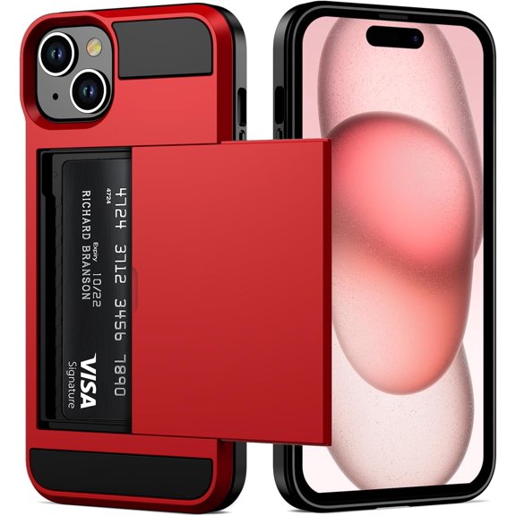 Case Compatible with iPhone 15 with Card Holder, Dual Layer Shockproof Wallet Phone Case, Hidden Card Slot Sliding Protective Hard Shell Back Cover Slim Case for iPhone 15, 6.1 Inch Red