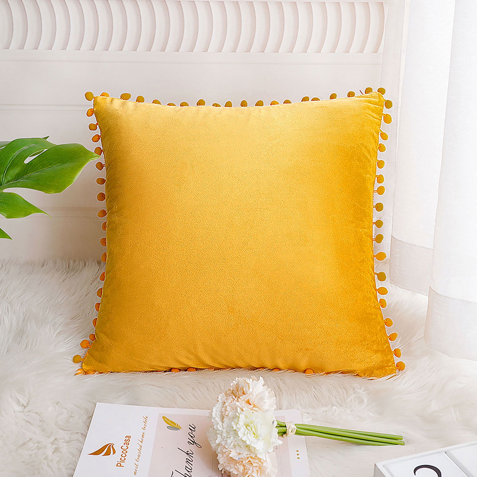 Unique Bargains Velvet Pillow Cover with Pompoms for Sofa 1PCS Golden Yellow 20x20Inch
