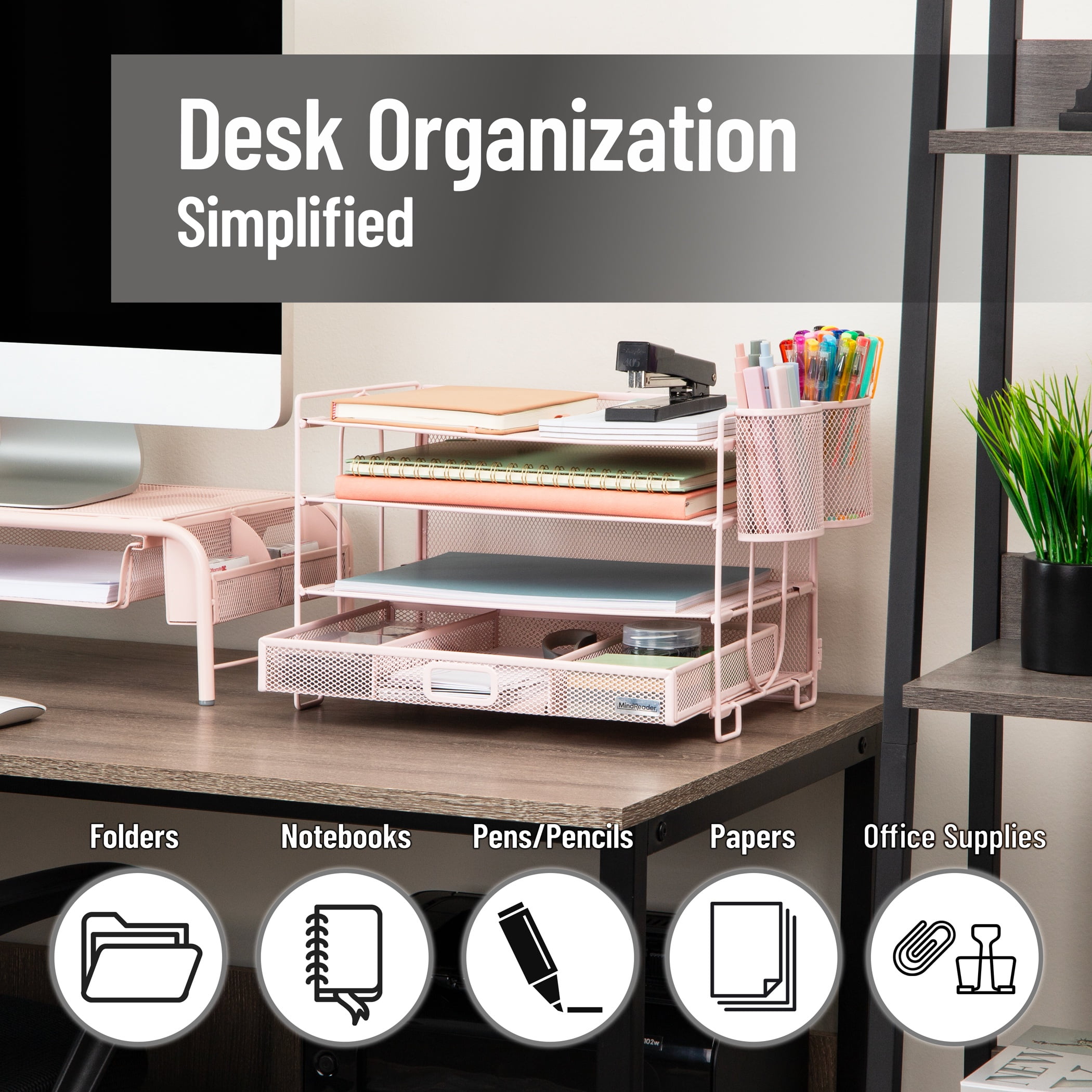 Mind Reader Mesh Desk Organizer, 3 Trays, 1 Drawer, 2 Pen Holders Metal , Pink