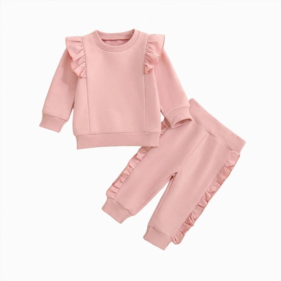HCNTES Baby Girl Clothes Winter Girls Clothes Girl Winter Clothes Toddler Solid Color Ruffle Sleeved Crewneck Sweatshirts Joggers Pants Set