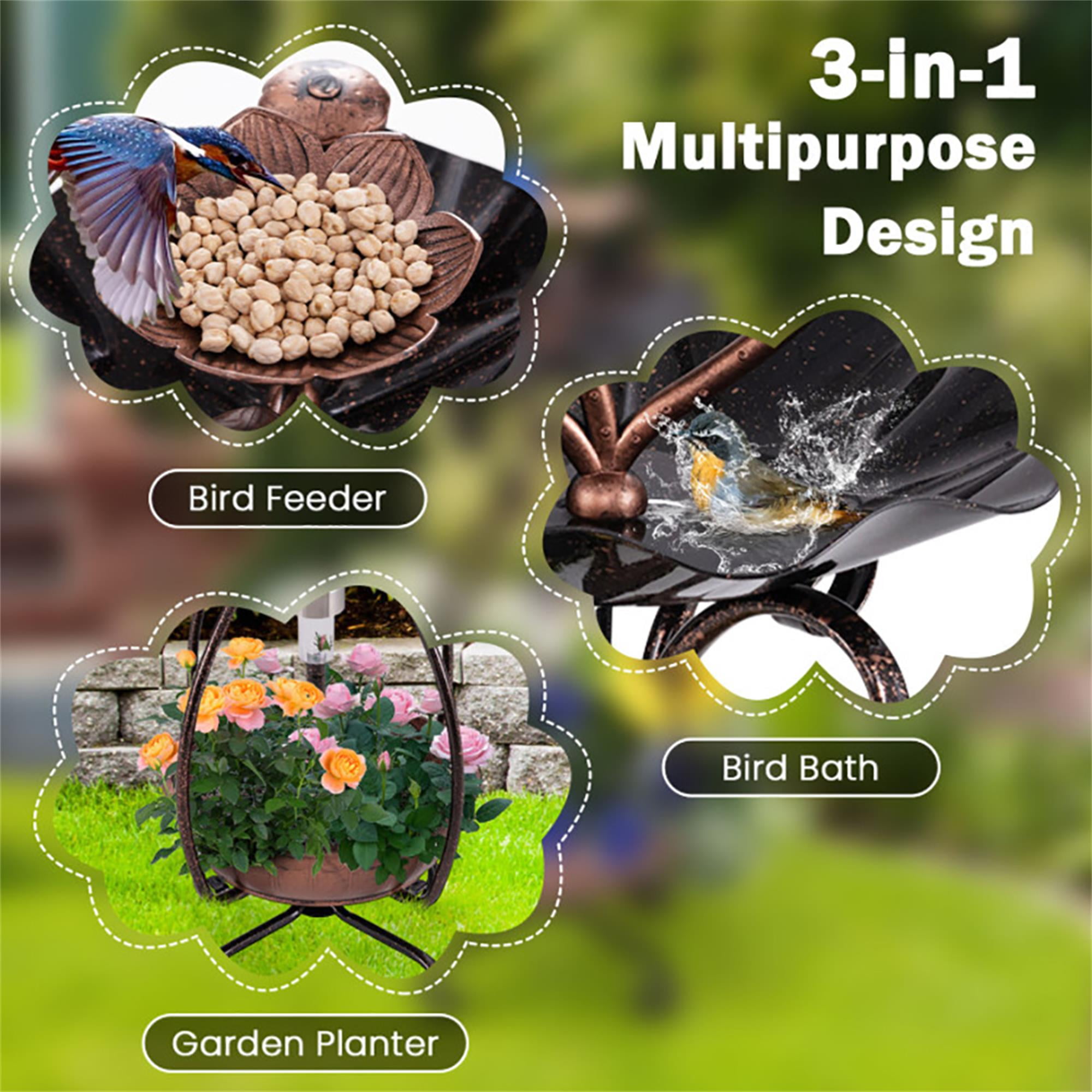 Pefilos 31" Outdoor Pedestal Garden Bird Bath with Solar Light, Bird Feeder and Flower Planter, Standing Lotus Leaf Bowl Birdbath, Brown Pefilos 31" Outdoor Pedestal Garden Bird Bath with Solar Light, Bird Feeder and Flower Planter, Standing Lotus Leaf Bowl Birdbath, Brown