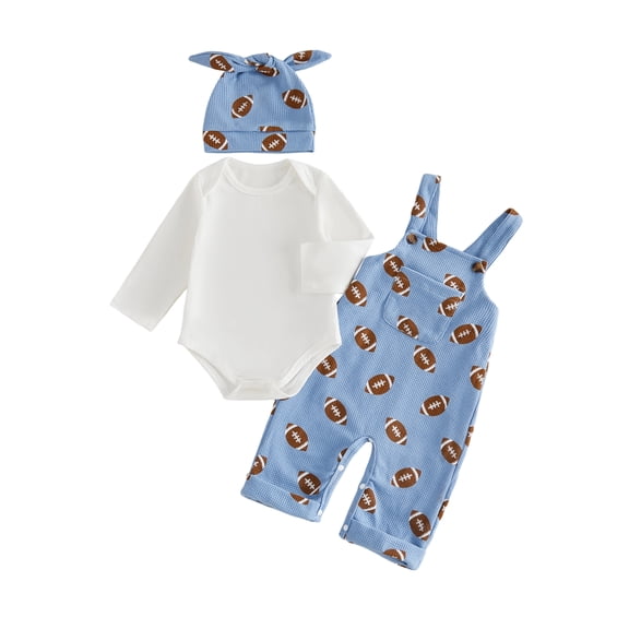 RUINIXCW Newborn Baby Boy Girl Football Outfit Infant Baby Boys Girls Fall Winter Clothes Rugby Printed Long Sleeve Romper with Front Pocket Bib Overalls Suspender Pants Hat Set