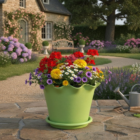 Ruffled Edge Resin Flower Pot - Thickened Plastic Planter with Saucer for Indoor/Outdoor Plants, Durable & Breathable Design for Balcony, Garden & Home Decor