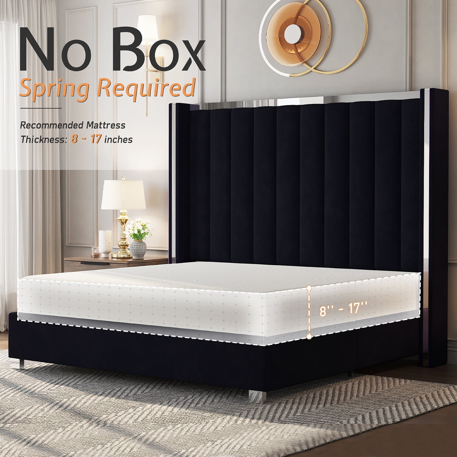 PLAUIN King Size Bed Frame with 58" tall Headboard, Velvet Upholstered Platform bed with Channel Tufted Wingback Headboard and Plating Trim, Black