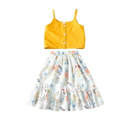 

ZIYIXIN Summer Infant Girls Clothes 2pcs Strapless Single Breasted Vest Tops Floral Print Ruffles A-Line Skirts Sets Yellow 4-5 Years