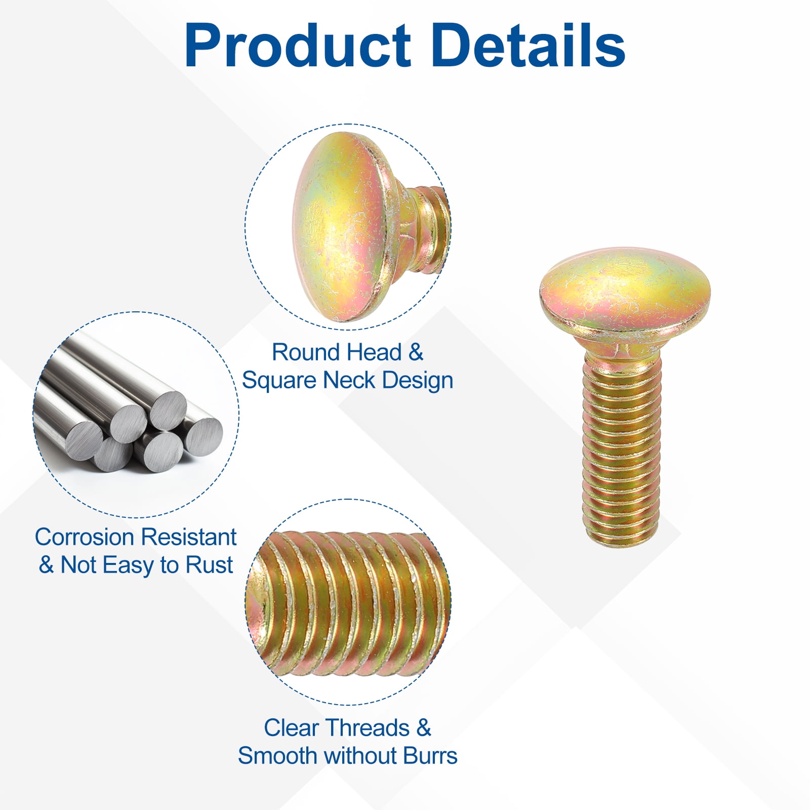 Uxcell 10Pack 1/2"-13x1-1/4" Carbon Steel Carriage Bolts Round Head Square Neck, Color