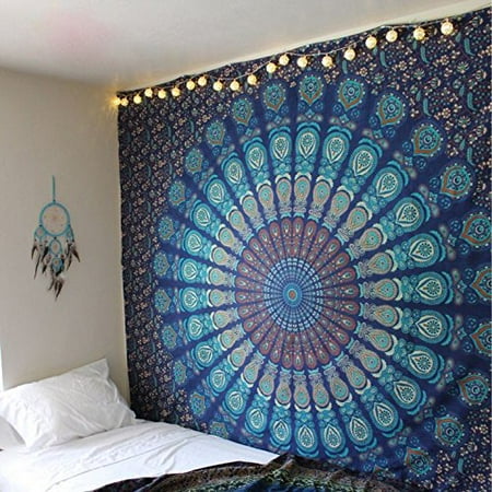 Indian Hippie Wall Hanging Meigar Hippie Mandala Bohemian Psychedelic Wall Hanging Intricate Floral Design Indian Bedspread Magical Thinking Tapestry 84x54 Inches,(215x140cms) Blue Turquish ()