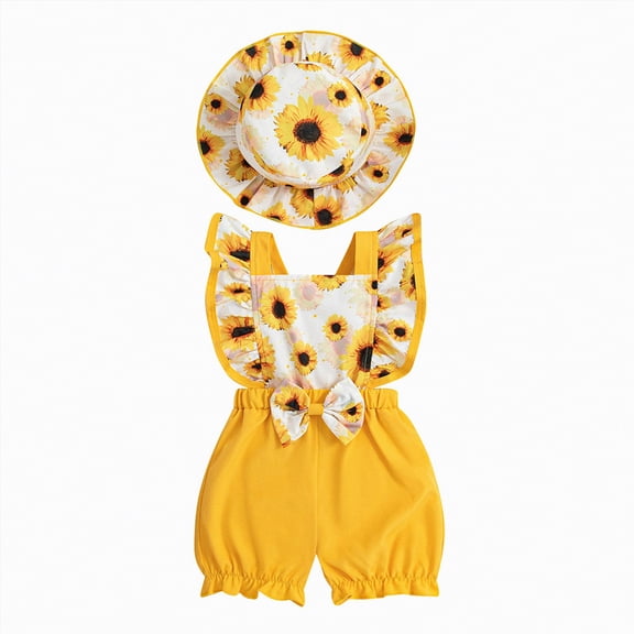 mgoYE Toddler Summer Outfits Baby Girl Sunflower Shorts Set Smocked Sleeveless Crop Top and Shorts Infant Holiday Outfits(Yellow,6-9 Months)