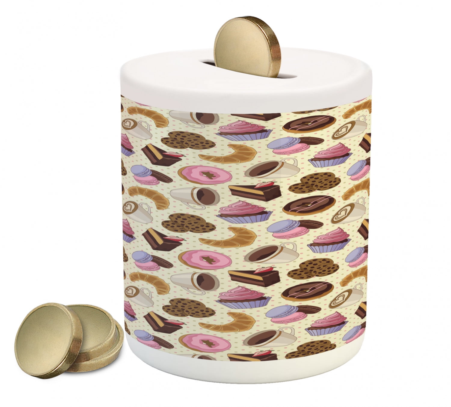 Coffee Piggy Bank, Coffee Shop Themed Image with Cups Cookies Cake ...