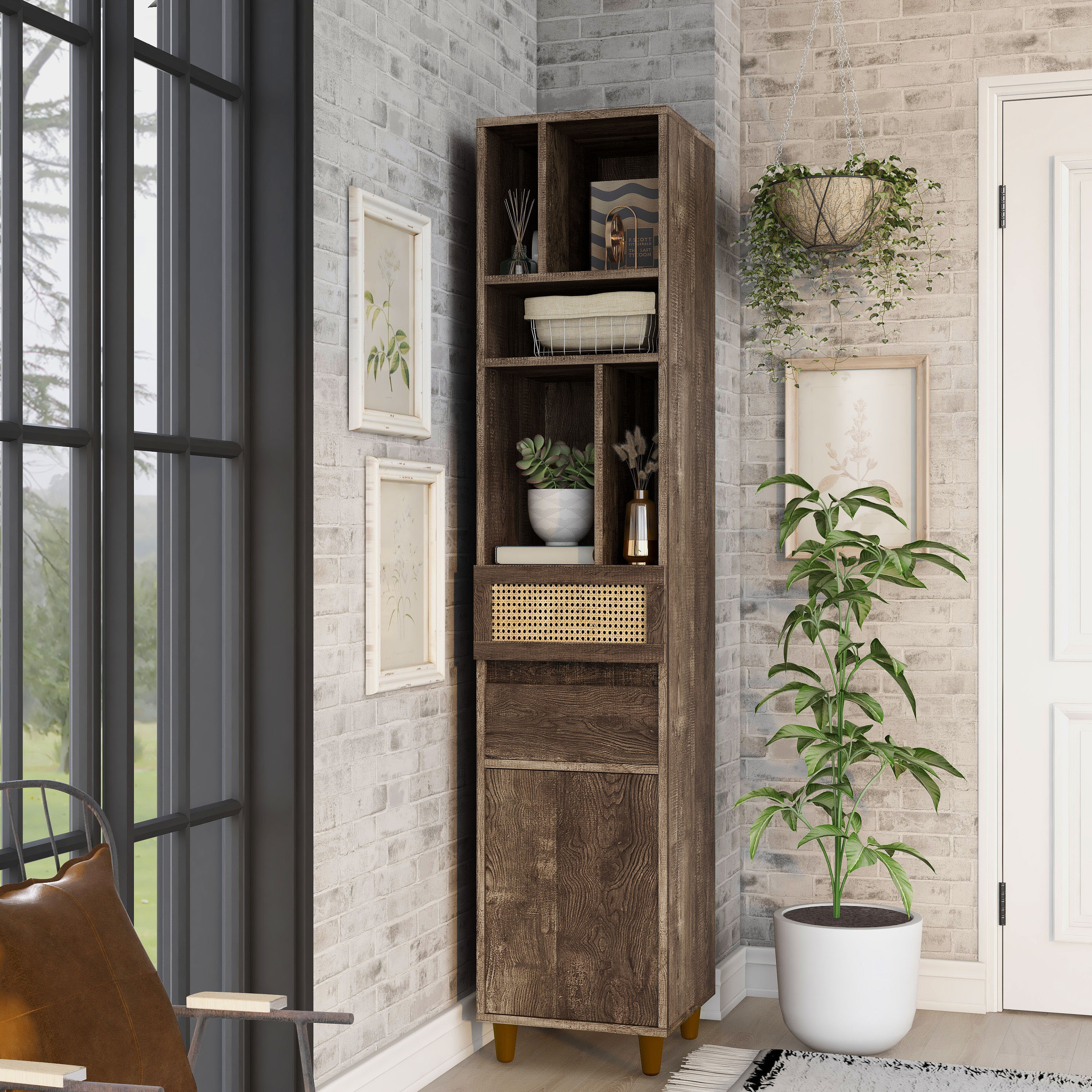 Furniture of America Burd Modern Multi-Storage TV Tower, Reclaimed Oak