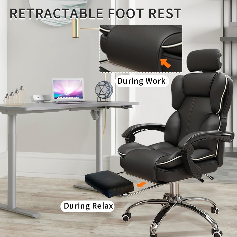 WXJHL Ergonomic Office Chair High Back Cushion Lumbar Back Support Computer Chairs with Footrest and Lumbar Support PU Leather Office Reclining Chair Gameing Chair Desk Chair（Black）