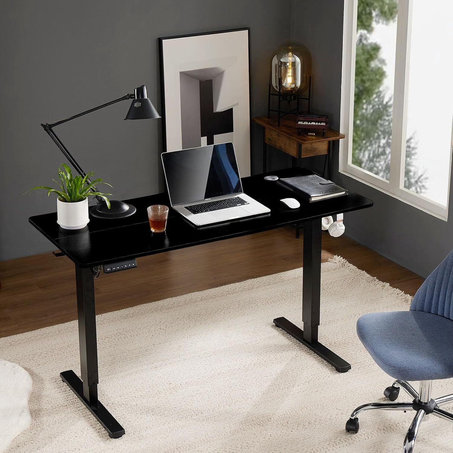 AENKYO Electric Height Adjustable Standing Desk with T-Shaped Metal Frame, Ergonomic Home Office Workstation for Computer, Modern Sit to Stand Desk，Black