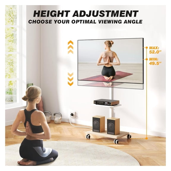 Rolling TV Stand with Power Outlet for 32-60 inch TVs, Swivel and Height Adjustable Mobile TV Stand with Shelf, Strong TV Cart on Wheels up to 88 lbs for Living Room, Bedroom and Office, White