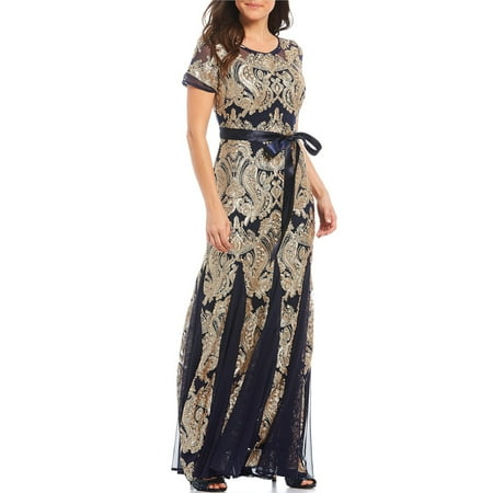 R & M Richards Short Sleeve Mesh Sequin Gown, Navy/Gold, 12P