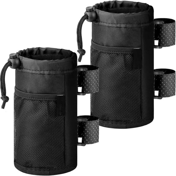 RYLZX 2 Pack Bike Water Bottle Holder for 8-24oz Bottles, Roll Bar Cup Holder for  Wheelchair Walker Bike Golf Cart Scooter and Boat, Drink Holder with Net Pockets and Velcro Starps