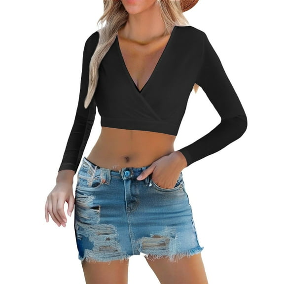 Weikingp Crop Tops For Women Shirts for Teens Girls Long Sleeve Workout Tops For Women Deep V Short Sleeved T Shirt Pure Seductive Style Casual Women's Wear