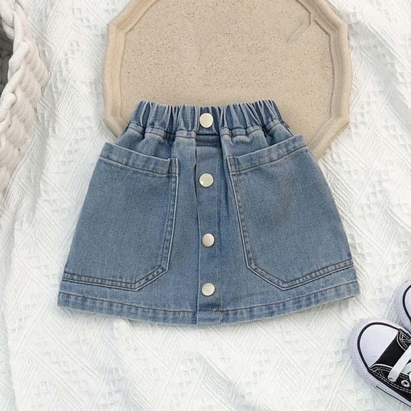 Amidoa Toddler Girls Denim Skirt With Pockets A-Line Elastic Waist High Waist Summer Jean Skirt,Blue,2-3T