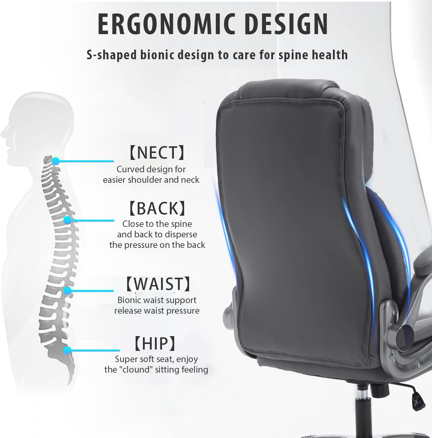 Executive Office Chair with Flip up Arms, Ergonomic PU Leather Office Chairs with Wheels, 90-120° Rocking High Back Office Desk Chair with Lumbar Support, Swivel Task Chairs(Grey)
