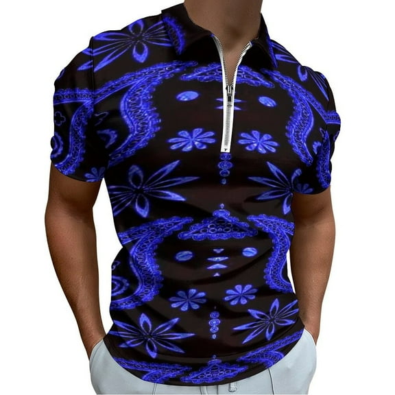 Blue Paisley Bandana Pattern Men Zipper T-shirt Summer Casual Short Sleeve T-shirt Top