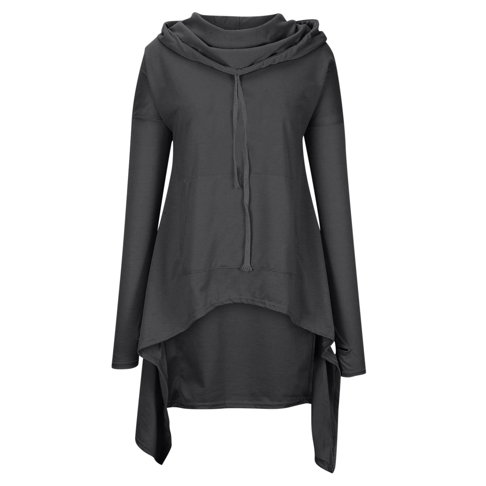 Womens Retro Long Hoodie Asymmetrical High Low Hem Full Sleeve Cowl Hooded Neck Drawstring Loose Sweatshirt Outwear (X-Large, Dark Gray)