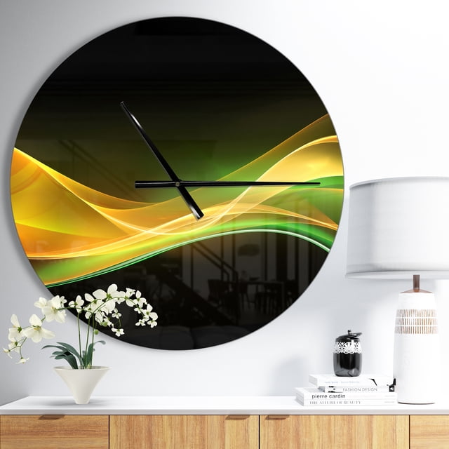 DesignArt 3D Gold Green Wave Design Large Wall Clock