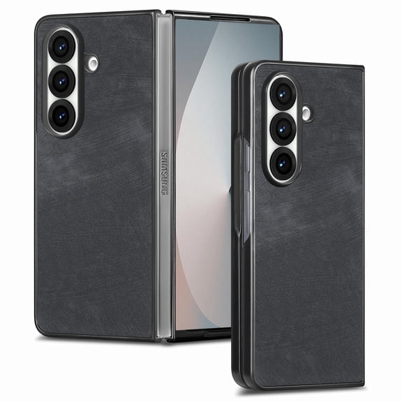 Corliven for Samsung Galaxy Z Fold 7 Case, PU Leather Hard PC Protective Cover, Shockproof Anti-Scratch Phone Case, Fashion Design Foldable Phone Cover, Black