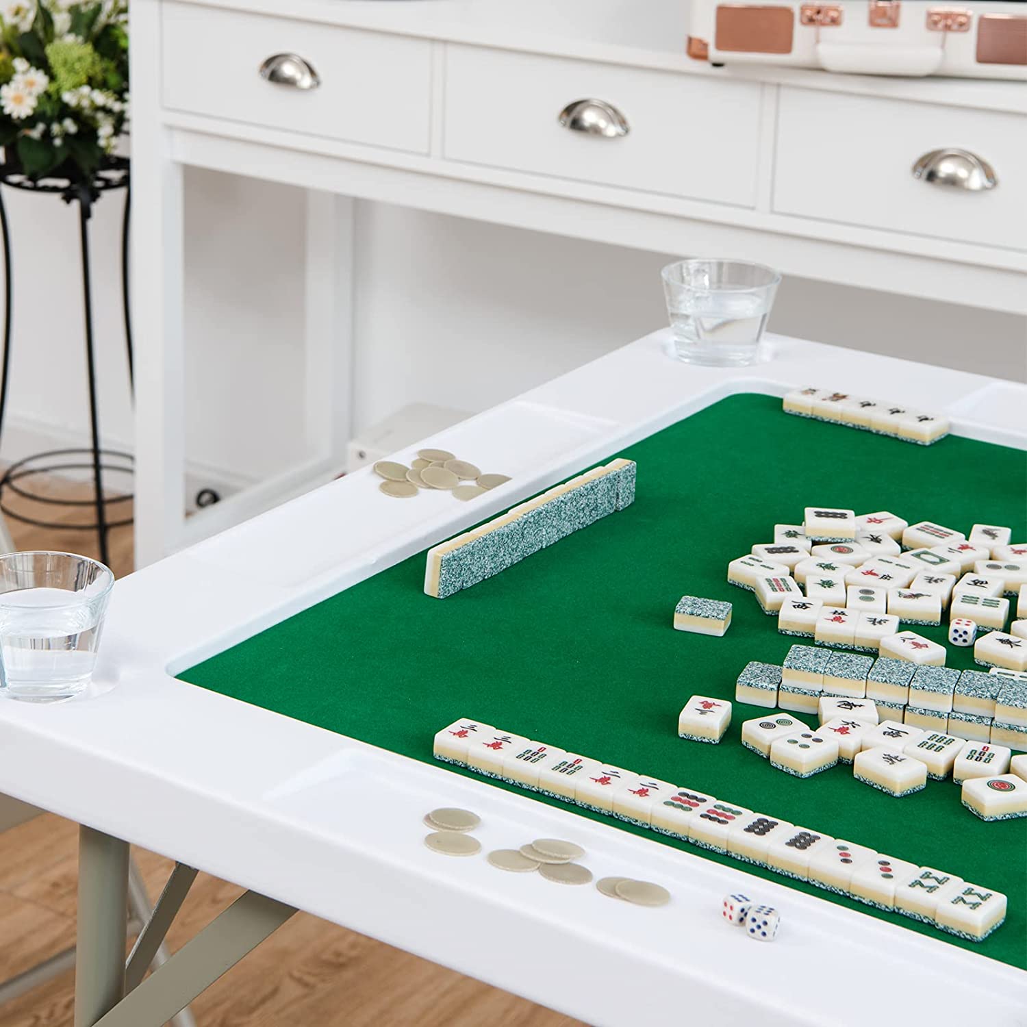 Gotoplay Mahjong Table, Folding Mahjong Table w/Green PVC Tabletop, 4 Cup Holders & 4 Chip Trays, 35 Square 4-Player Folding Card Game Table for Mahjong Poker Domino Game
