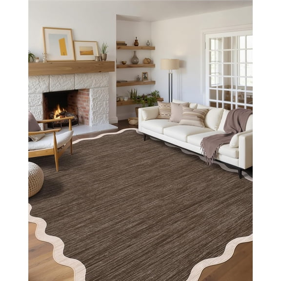 6x9 Washable Area Rug Non Slip Low Pile Living Room Rug Scalloped Distressed Brown