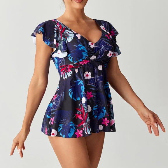 KIHOUT Women's Split Bikini Swimsuit Floral Print Peplum Ruffle Top Removable Padded Nylon for Beach Pool Summer