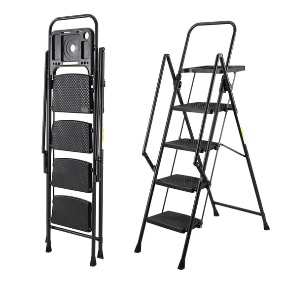4-Step Ladder, 800lbs Portable Folding Ladders for Home, with Handrails and Tool Tray and Anti-Slip Pedal, 800 lbs Capacity, Black