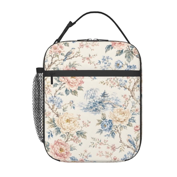 Chinoiserie Floral Bird Lunch Bag Reusable Thermal Lunch Box with Handle for Women and Men