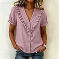 thumbnail image 3 of Cilsoka Women's Ruffle Trim Button Down Shirts Summer V Neck Puff Sleeve Cotton Linen Tops Casual Loose Fit Solid Blouse, 3 of 6