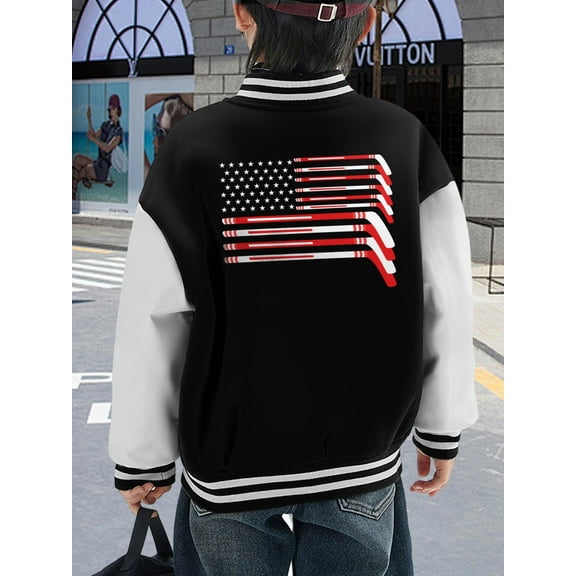 Youth Baseball Hockey Jacket American Flag Hoodie Patriotic USA Tee Boys Youth Sizes Perfect Hockey Fans Patriotic Holidays Bomber Jacket