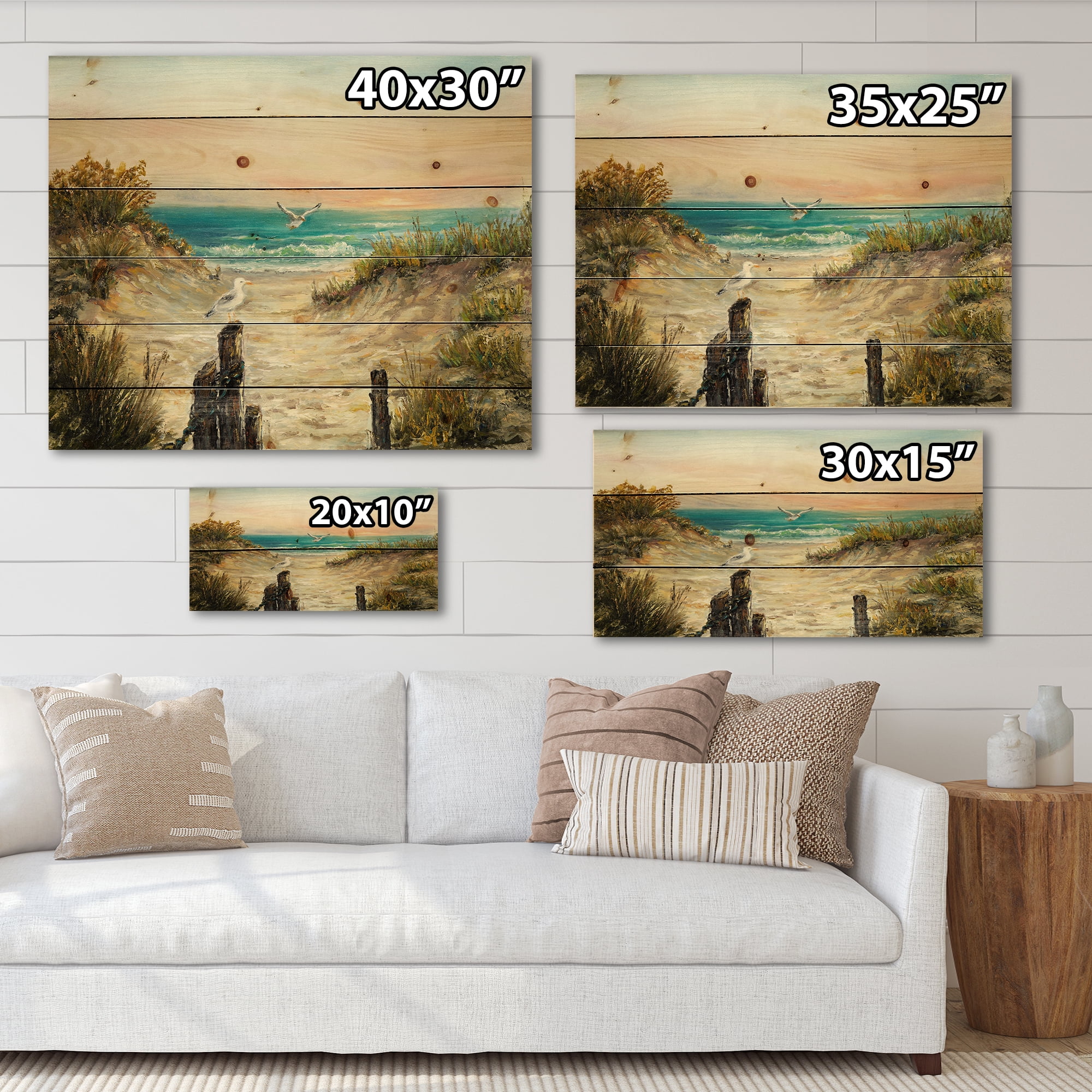 Designart 'Ocean Dunes During Pink Sinset on Beach' Nautical & Coastal Print on Natural Pine Wood
