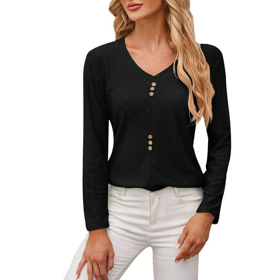 yunLCZ Casual Tops Discounted V Neck Long Sleeved T Shirt Loose Button Top workout form-fitting T-shirts women