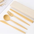 thumbnail image 4 of Cateissary ¡Novedad de 2021! Juego de cubiertos de de 4 Uds., cuchillo de paja de trigo, tenedor, palillos, cuchara, vajilla portátil con Mostrada amarillo, 4 of 6