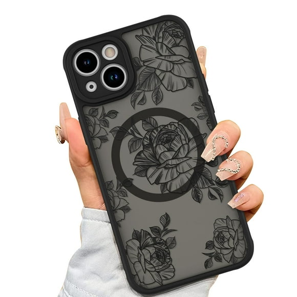 Funda de teléfono AIGOMARA para iPhone 15 con MagSafe Black Flower