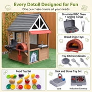 Conchico Outdoor BBQ Themed Playhouse, Wooden Backyard Kids Playhouse w/ Pretend Brick Oven, Kitchen Toy Set, BBQ Grill for Kids Ages 3-8