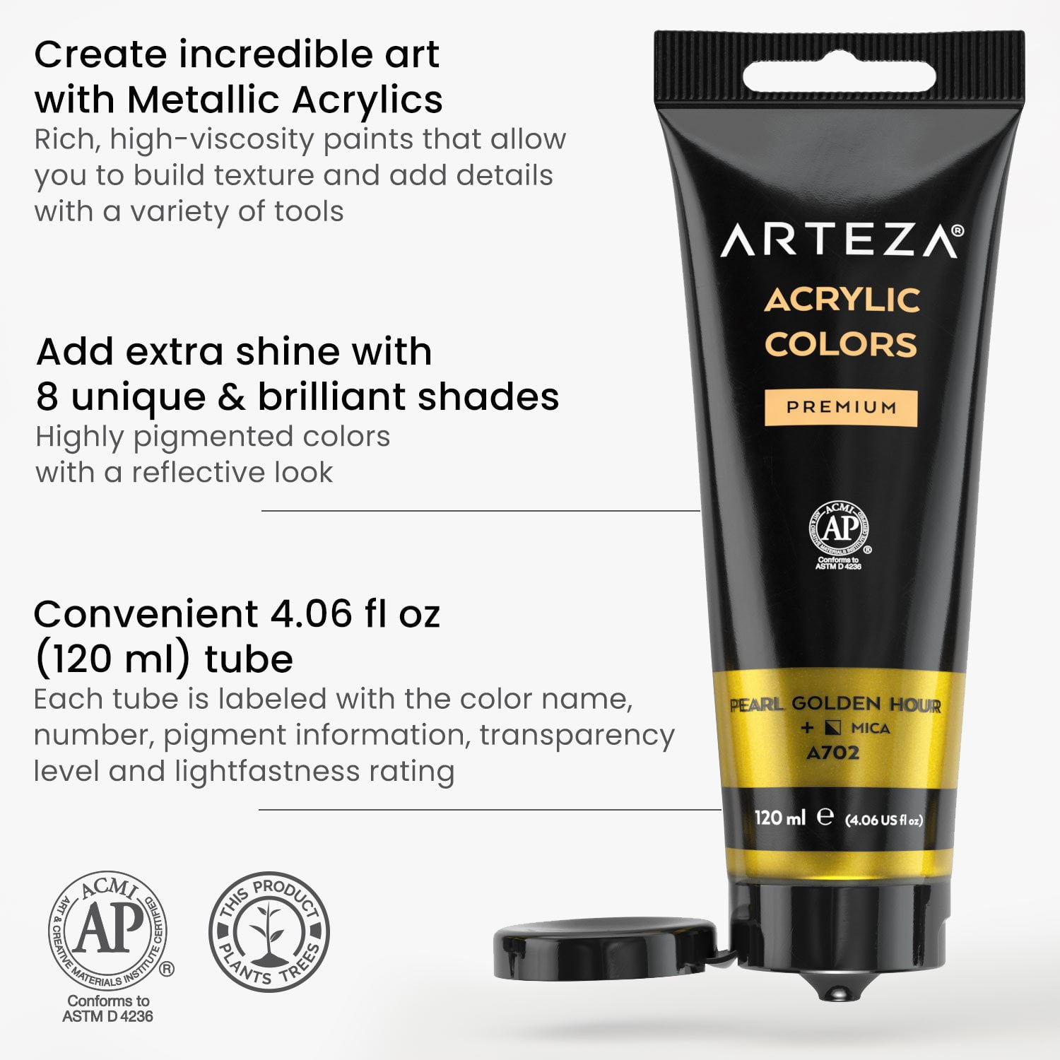 Arteza Acrylic Artist Paint, Metallic Finish, Multicolor, Set of 8, 4 fl oz