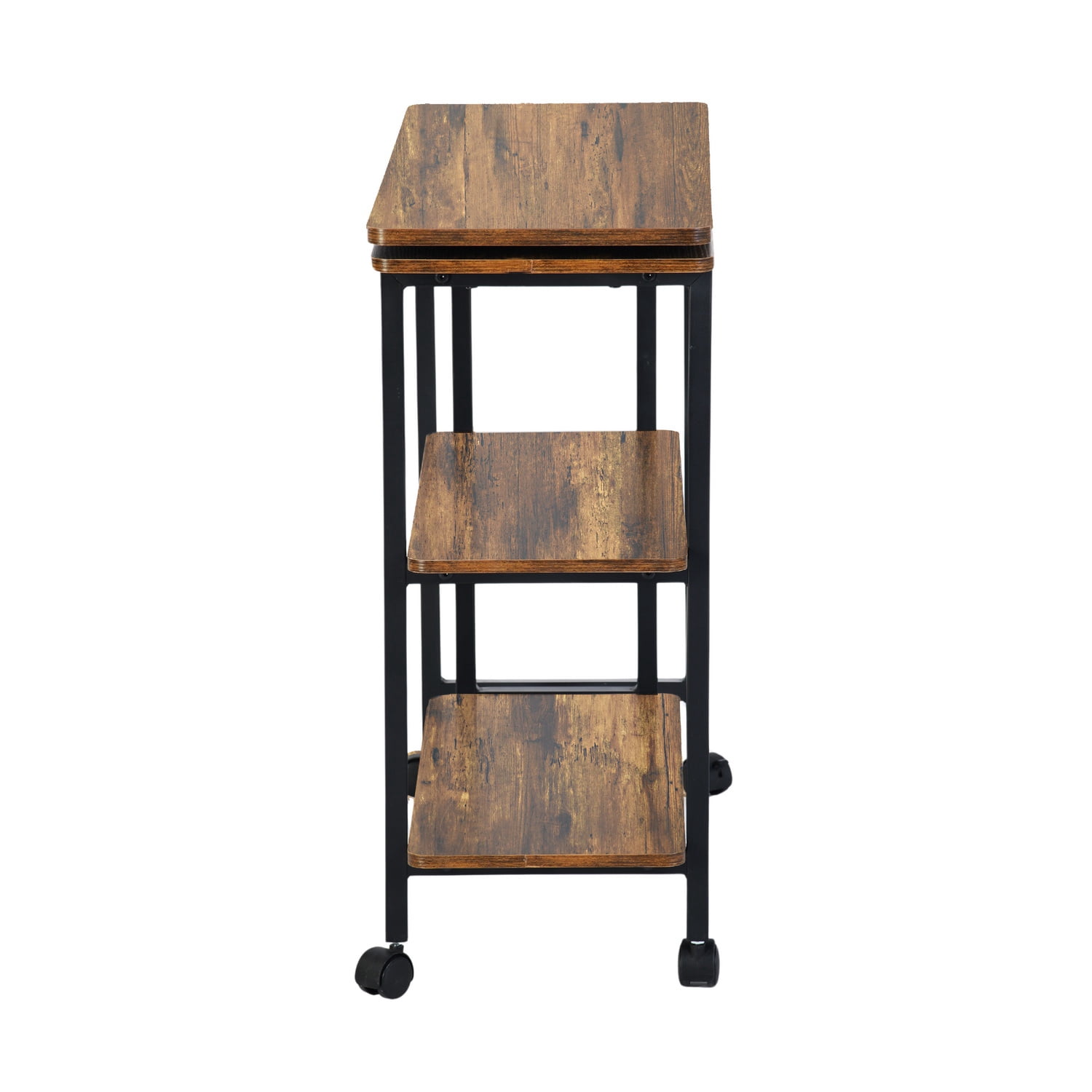 Adjustable Foldable Rustic Kitchen Cart, Walnut Finish Metal Frame Rolling Utility Cart with 3 Wood Shelves, Compact Storage Serving Cart for Kitchen Dining Room