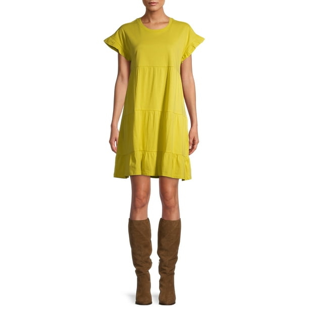 Time and Tru Women's Flutter Sleeve Knee Length Tiered Dress