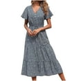 thumbnail image 1 of USSUMA Sundresses for Women Floral Print Short Sleeve Casual Dresses for Women Bohemian A-Line Flowy Smocked Long Maxi Dresses Women Summer V Neck Beach Dresses Wedding Guest, 1 of 8