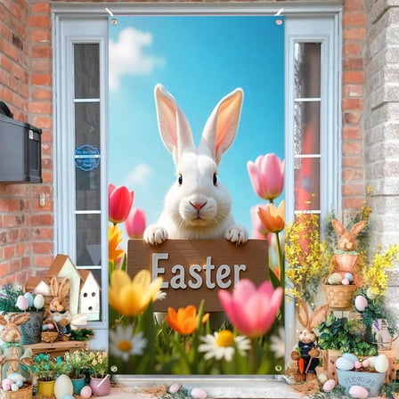 Happy Easter Party Supplies, Easter Party Door Cover Decoration Spring Theme Bunny Door Backdrop for Easter (Door Cover)
