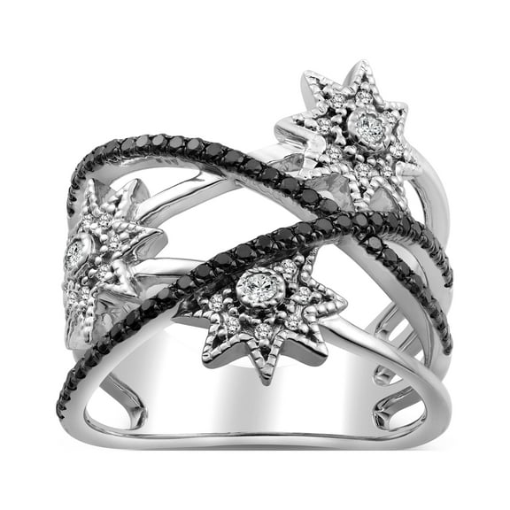 Araiya Fine Jewelry Sterling Silver Black and White Diamond Star Band Ring (1/2 cttw, I-J and Black Color, I2-I3 Clarity), Size 7