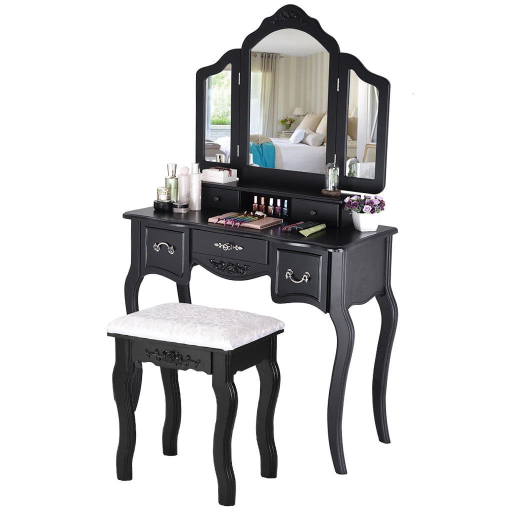 Details about   Girls Women Dressing Table Stool Vanity Makeup Set Tri-Folding Mirror 5 Drawers 