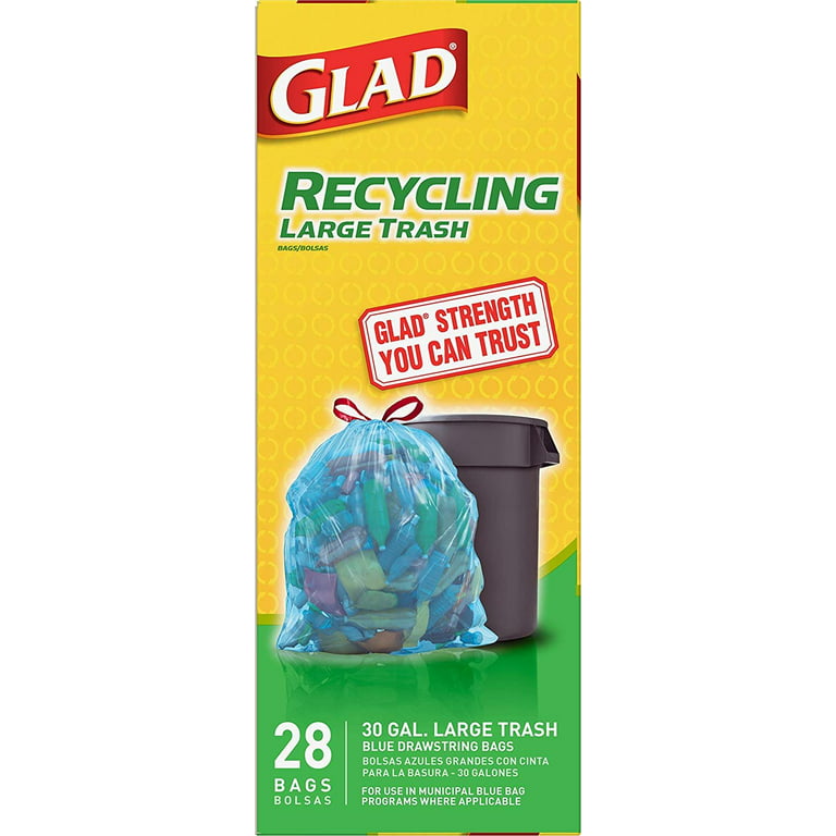 Glad Large Drawstring Recycling Bags, Blue, 30 Gallon, 28 Count, Pack May  Vary
