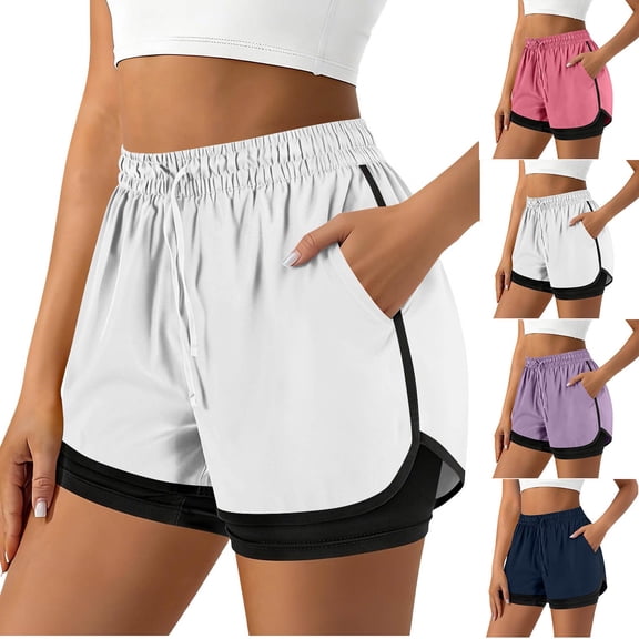 Tsesme Women’s 2 in 1 Athletic Shorts High Waist Quick Dry Shorts with Liner Summer Breathable Gym Sport Shorts with Pockets,White,XL