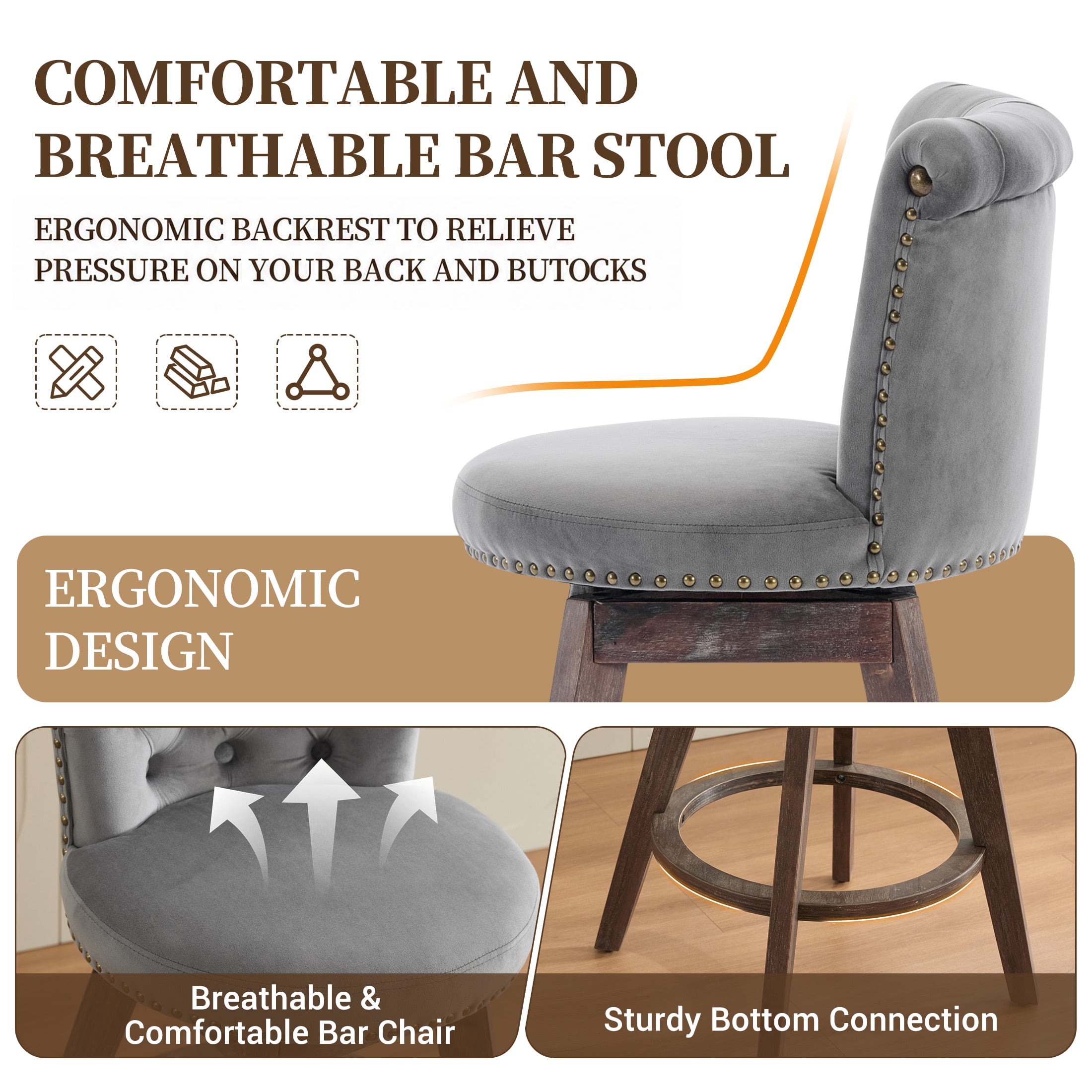 PAPROOS Bar Stools Set of 2, 26" Swivel Counter Height Bar Stools with Back, Upholstered Velvet Kitchen Island Counter Height Chair with Button Tufted Back, Nailhead Trim and Wood Legs, Grey
